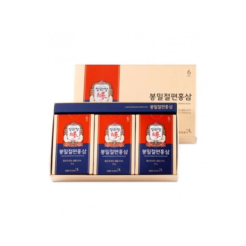 1-sam-lat-tam-mat-ong-kgc-cheong-kwan-jang-hop-6-goi-20gr.jpg Sâm lát tẩm mật ong KGC - Cheong Kwan Jang hộp 6 gói x 20gr - Image 1