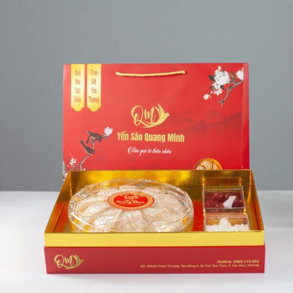 Hộp giấy 11-12 tổ lớn 100gr yến tinh chế, kèm đường phèn, táo, túi xách, cẩm nang hương dẫn sử dụng (Hộp 27cm x 37cm)