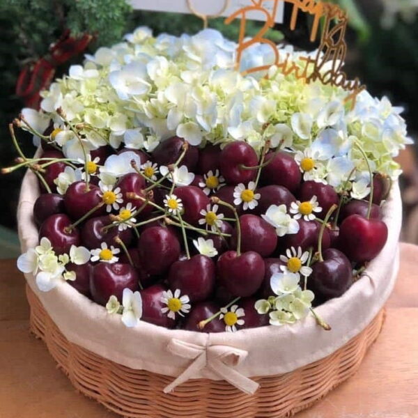 Giỏ trái cây tròn mix hoa tươi