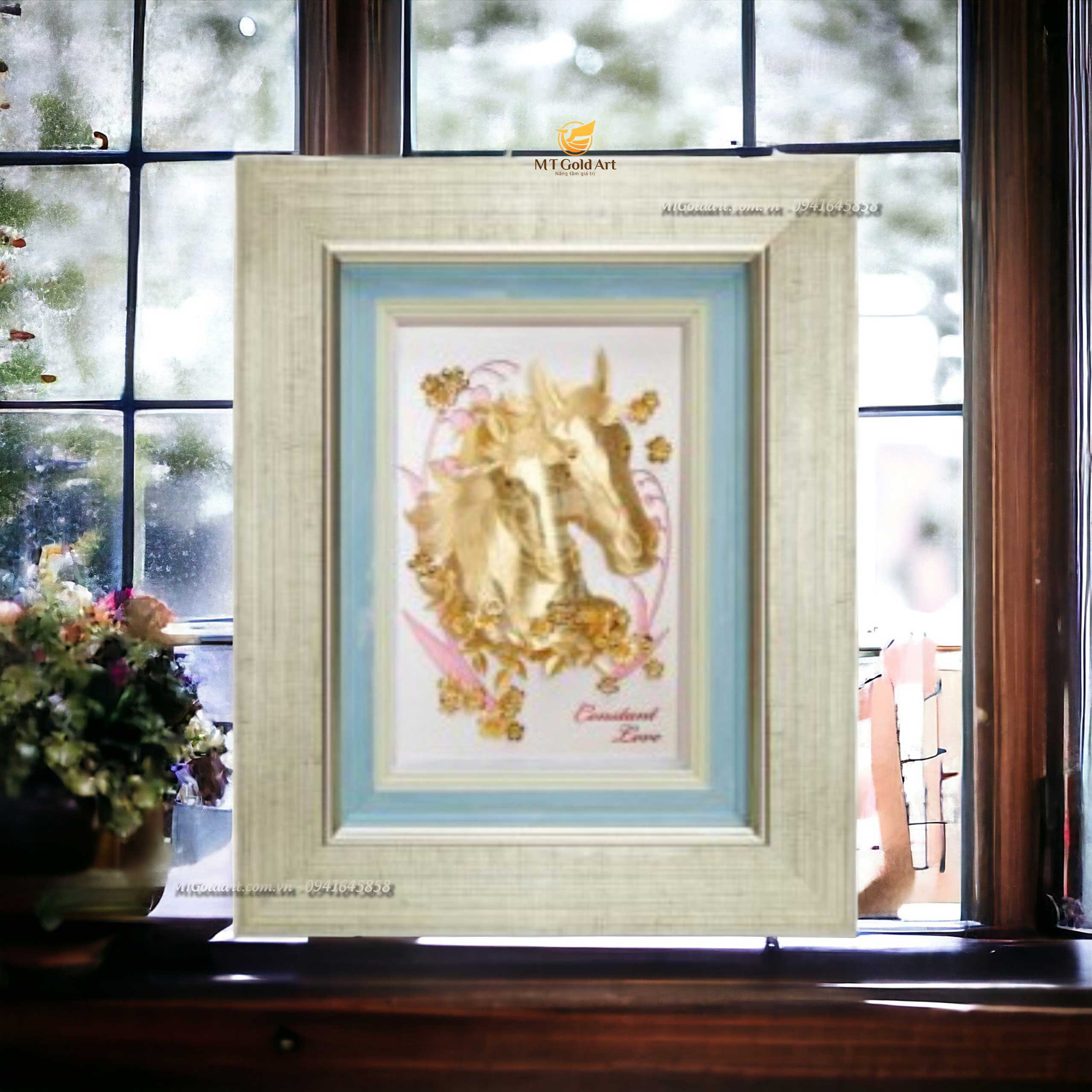 Qua tang doanh nghiep, khach hang, su kien dat vang cao cap, y nghia tai thanh pho ho chi minh Tranh Đôi ngựa tình nhân dát vàng (27x34cm) - Image 1