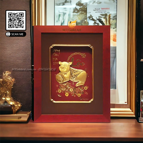 qua tang doanh nghiep, khach hang, doi tac cao cap, y nghia dat Tranh heo dát vàng (26x33cm) - Image 1