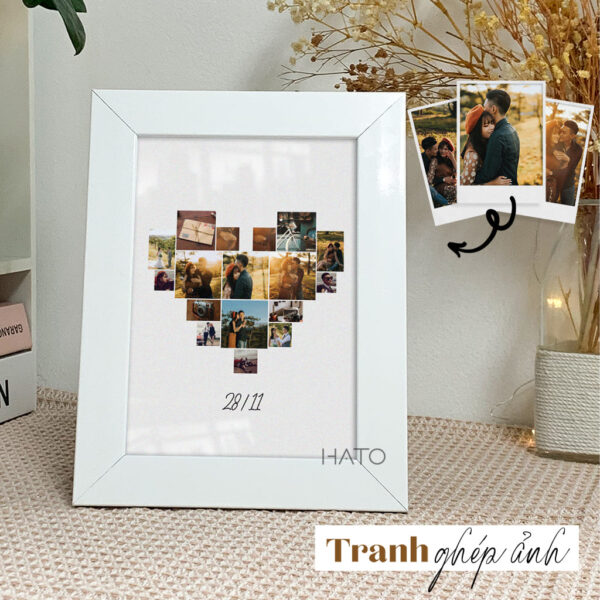 Tranh 17 Ảnh Ghép Hình Trái Tim – Quà Tặng Ý Nghĩa Cho Người Thân, Bạn Gái, Bạn Bè, Sinh Nhật, Kỷ Niệm – Tranh Trang Trí Bằng Gỗ, Màu Trắng, 16x22cm – HATO – Mẫu 02