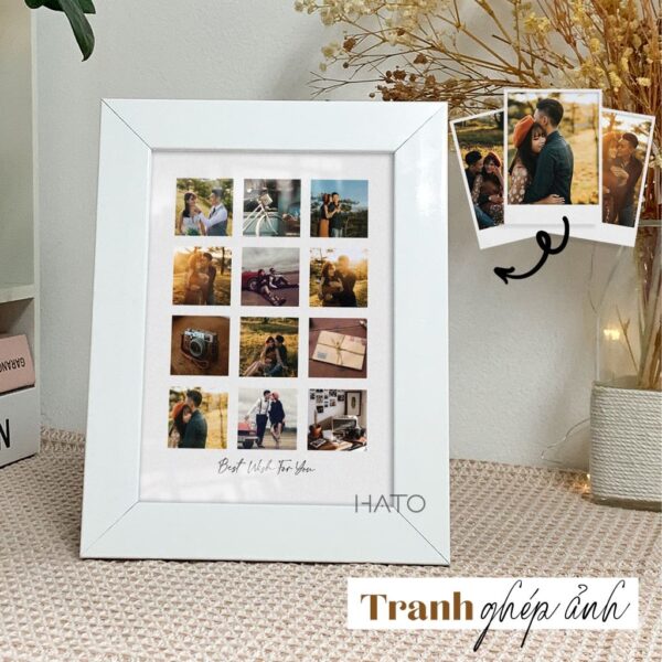 Tranh 12 Ảnh – Quà Tặng Cho Người Thân, Bạn Gái, Bạn Bè, Sinh Nhật, Kỷ Niệm – Tranh Trang Trí Bằng Gỗ, Màu Trắng, 16x22cm – HATO – Mẫu 05