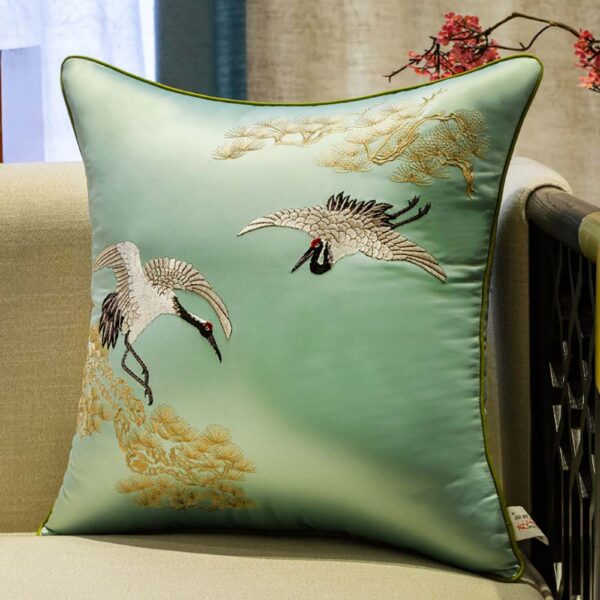 Vỏ Gối Thêu Đôi Hạc Bên Cành Cây Tùng Màu Xanh Dương Nhạt  – Size 45x45cm