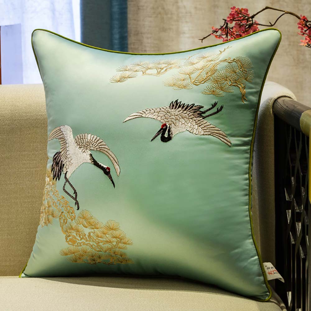 CUSH45-EMBR-CRANES-GR.jpg Vỏ Gối Thêu Đôi Hạc Bên Cành Cây Tùng Màu Xanh Dương Nhạt – Size 45x45cm - Image 1