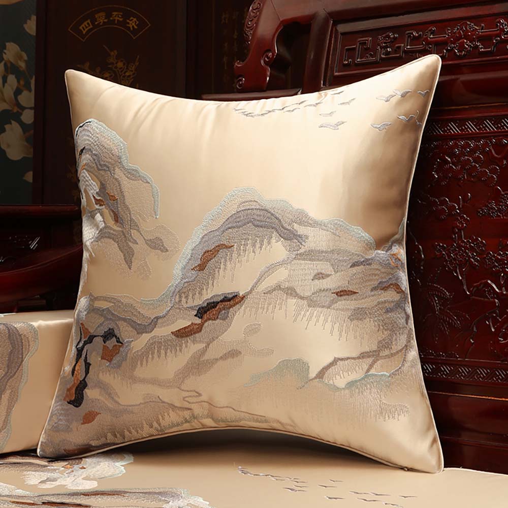CUSH45-EMBR-MOUNTAIN-YLW.jpg Vỏ Gối Thêu Cảnh Núi Non Màu Vàng Kem – Size 45x45cm - Image 1