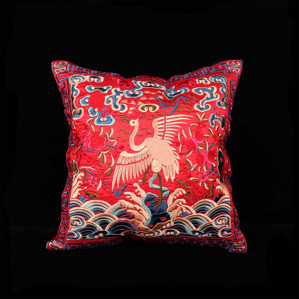 CUSH45-EMBR-REDCRANE.jpg Vỏ Gối Thêu Hồng Hạc Màu Đỏ 44x44cm - Image 1
