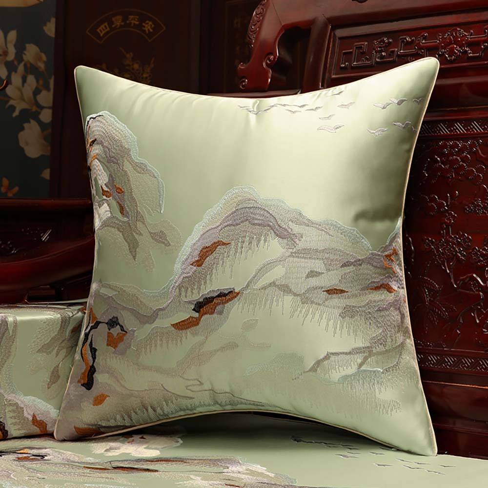 CUSHION45-EMB-MOUNTAIN-GR.jpg Vỏ Gối Thêu Cảnh Núi Non Màu Xanh Lá – Size 45x45cm - Image 1