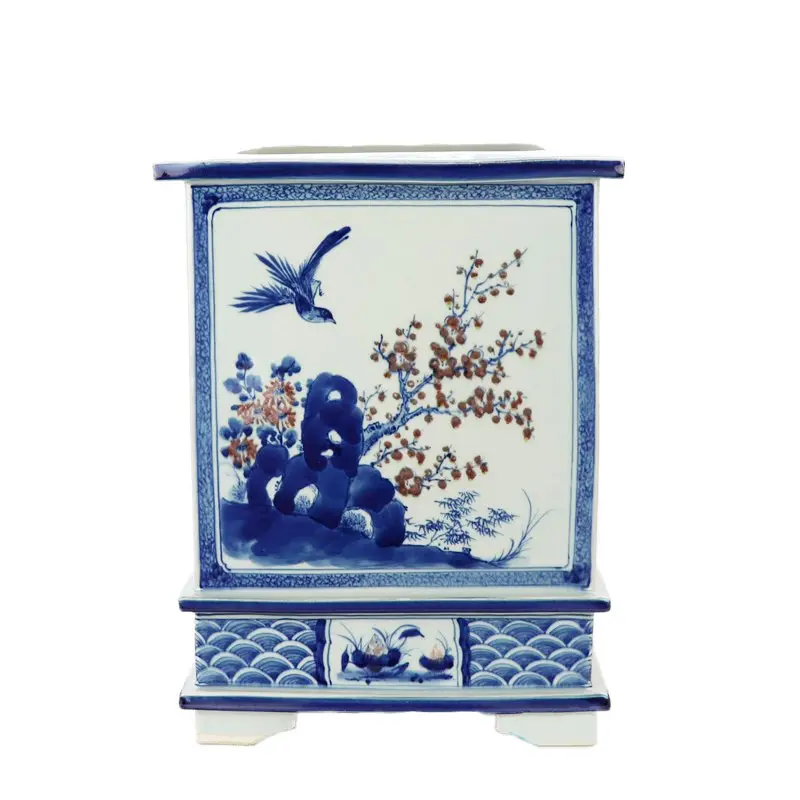 PLANTER-BW-SQUARE-1.jpg.webp Chậu Cây Men Lam Vuông Vẽ Tay Hoa và Chim - Image 1
