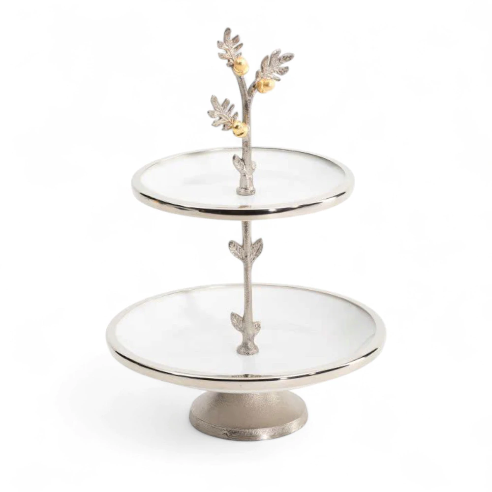 cakestnd-acorn-2tier.jpg.webp Khay Bánh 2 Tầng Kim Loại Tráng Men Đính Hạt Dẻ – Thủ Công Ấn Độ - Image 1