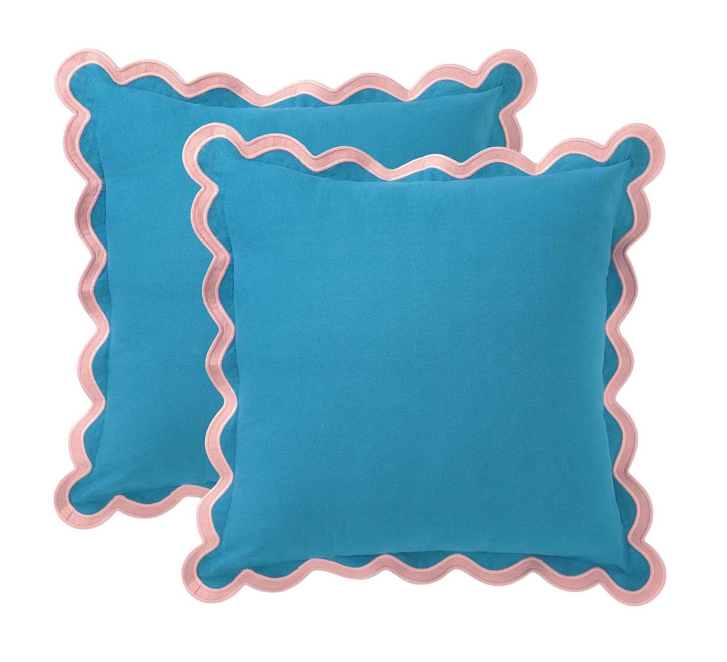 cush-blulinen-scalloptrim.jpg Vỏ Gối 100% Cotton Xanh Dương Viền Sò Điệp Hồng – Size 45x45cm - Image 1