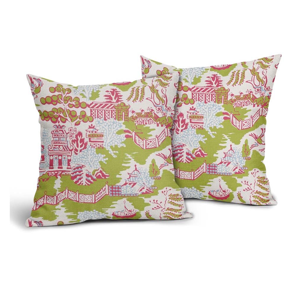 cush-linen-chinoiseriepink.jpg Vỏ Gối Linen Phong Cảnh Chinoiserie Hồng Xanh Lá – Size 45x45cm - Image 1