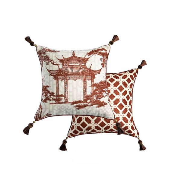 Vỏ Gối Ngôi Đền Đỏ Tua Rua 4 Góc – Size 45x45cm