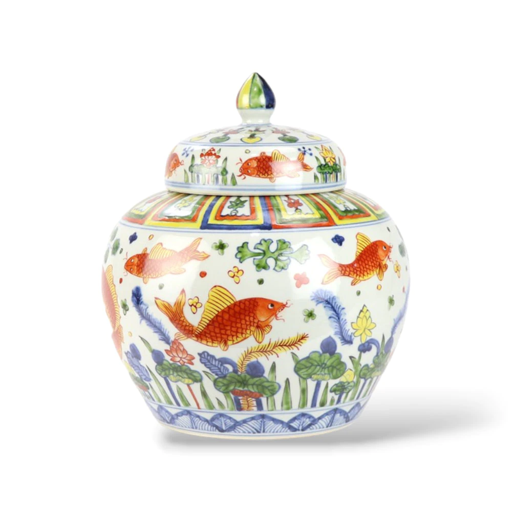 jar-fishlotus.jpg.webp Bình Vẽ Tay Famille Rose Cá Vàng Hoa Sen Có Nắp - Image 1