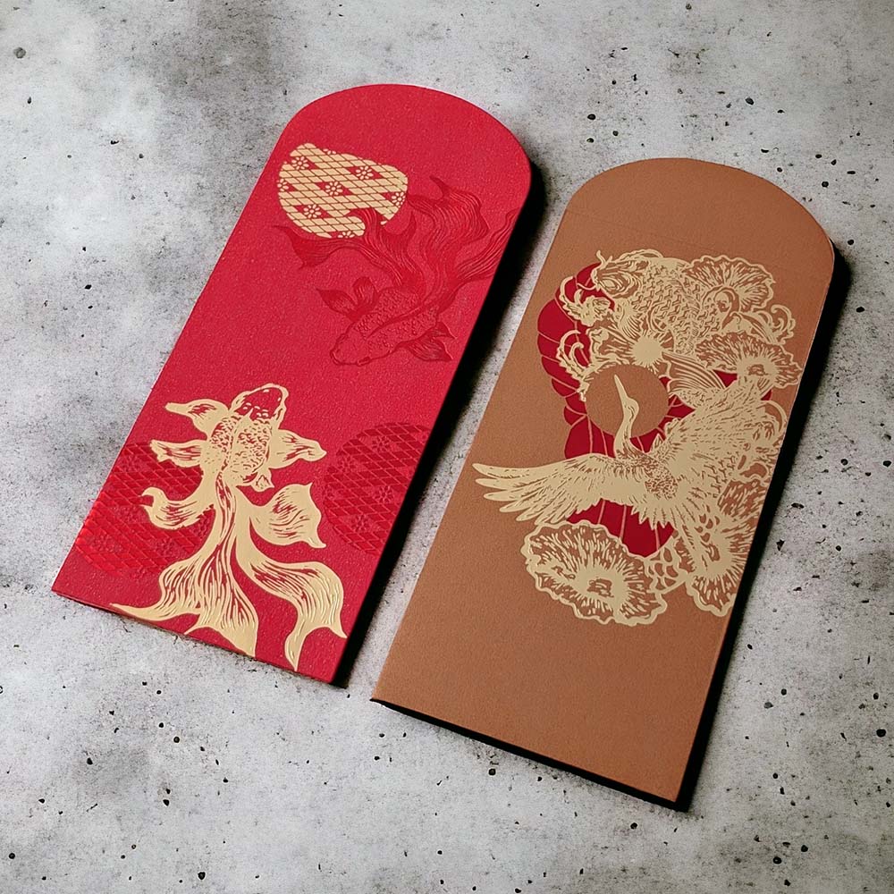 lixi-redgld-birdfish.jpg Bộ 6 Bao Lì Xì Cao Cấp Cá & Chim Hạc – Giấy Cứng 230gsm - Image 1