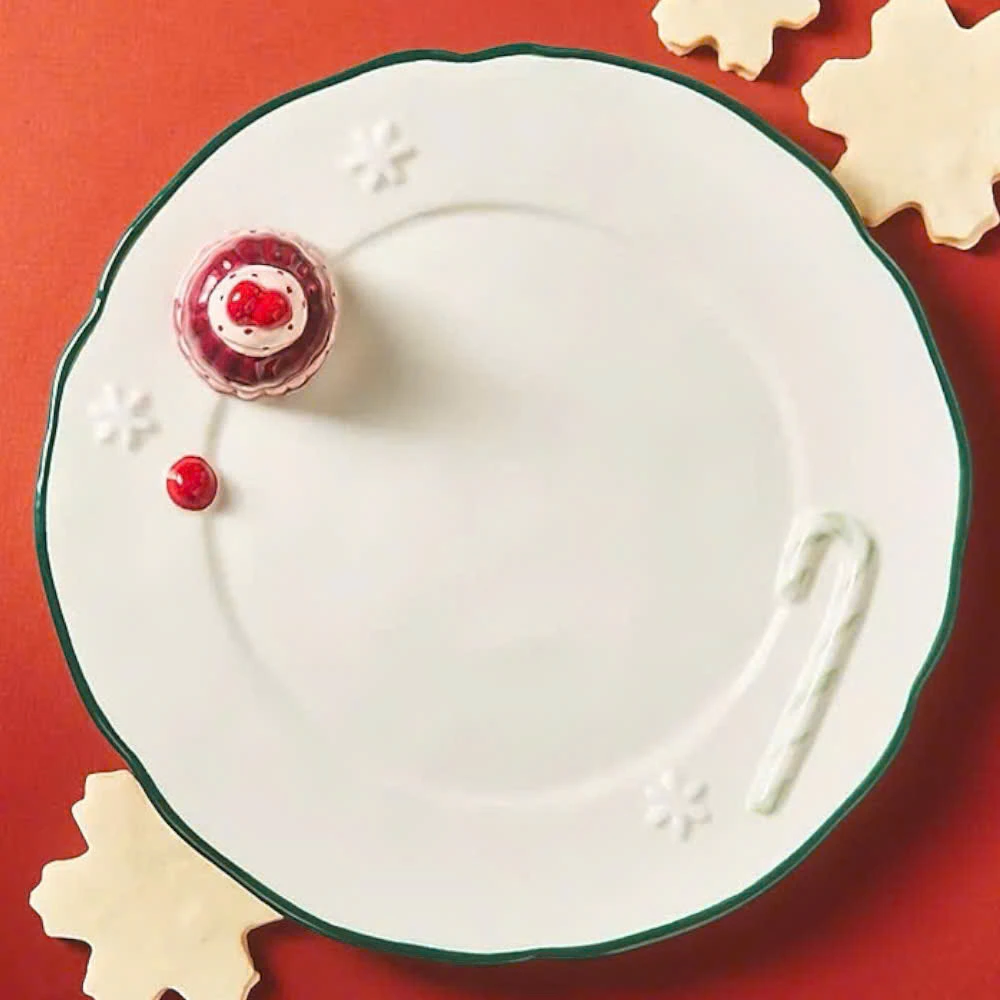 plate-cakes-anthrogrn.jpg.webp Đĩa Tráng Miệng Bằng Gốm Sứ Đính Bánh Ngọt Viền Xanh ĐK 21cm - Image 1