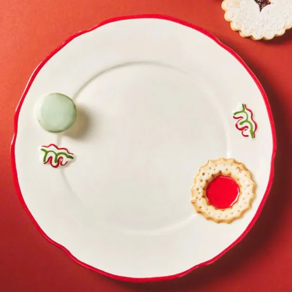 Đĩa Tráng Miệng Bằng Gốm Sứ Đính Bánh Ngọt Viền Đỏ ĐK 21cm