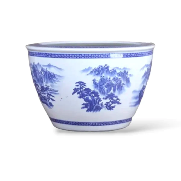 Chậu Men Lam Vẽ Tay Phong Cảnh Sơn Thủy Size 42cm