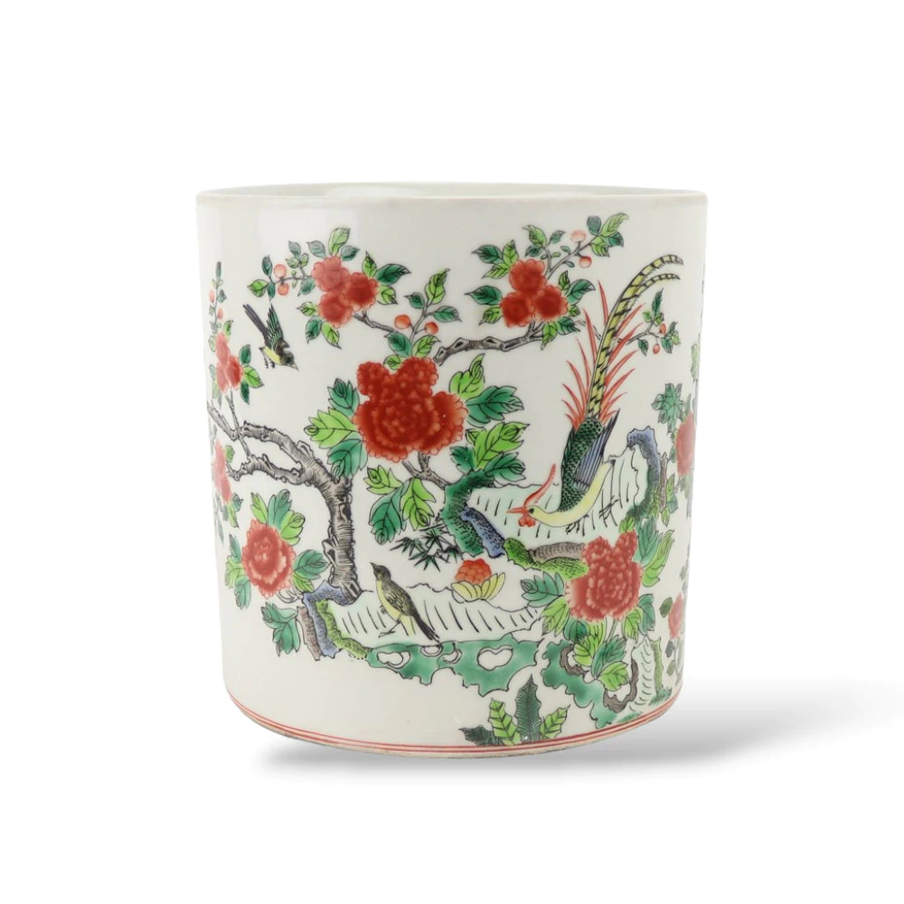plnterfamlrose-peony-cylinder.jpg.webp Chậu Famille Rose Hình Trụ Vẽ Tay Họa Tiết Hoa Mẫu Đơn Và Chim - Image 1
